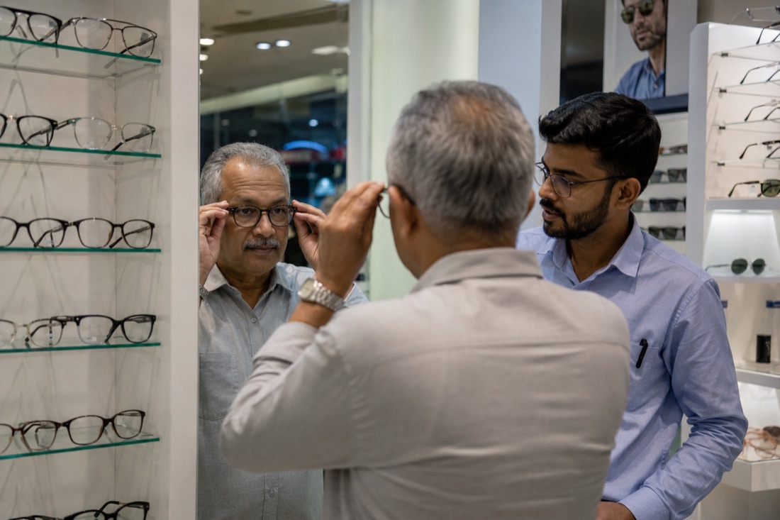 An optical shop counter with spectacle frames