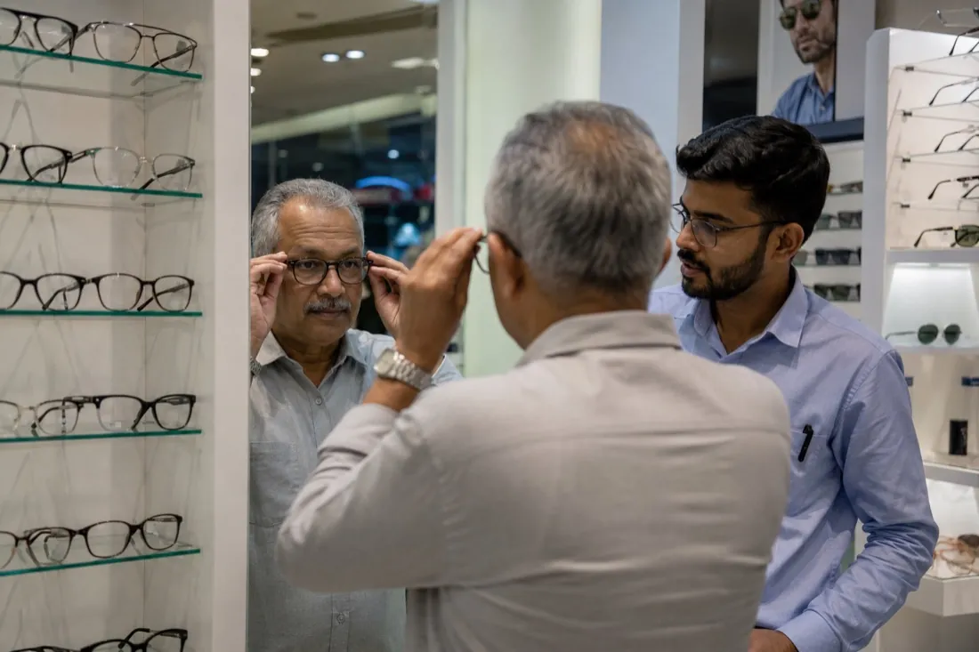 An optical shop counter with spectacle frames