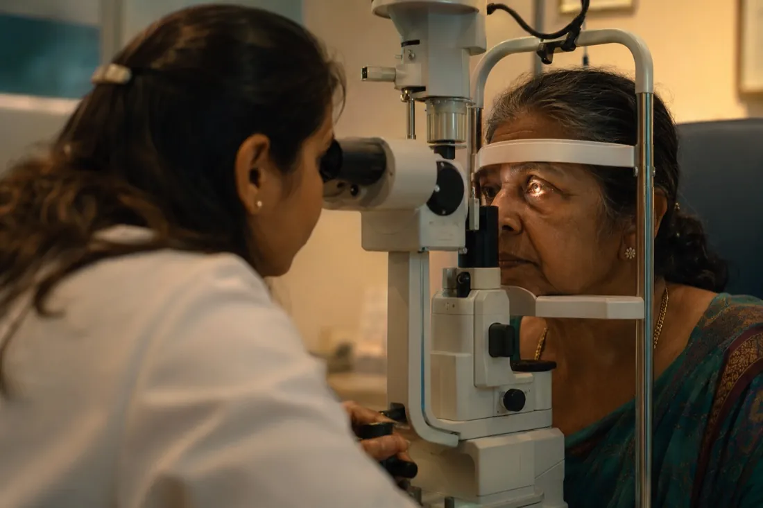 A specialist examining the eye at a slit lamp