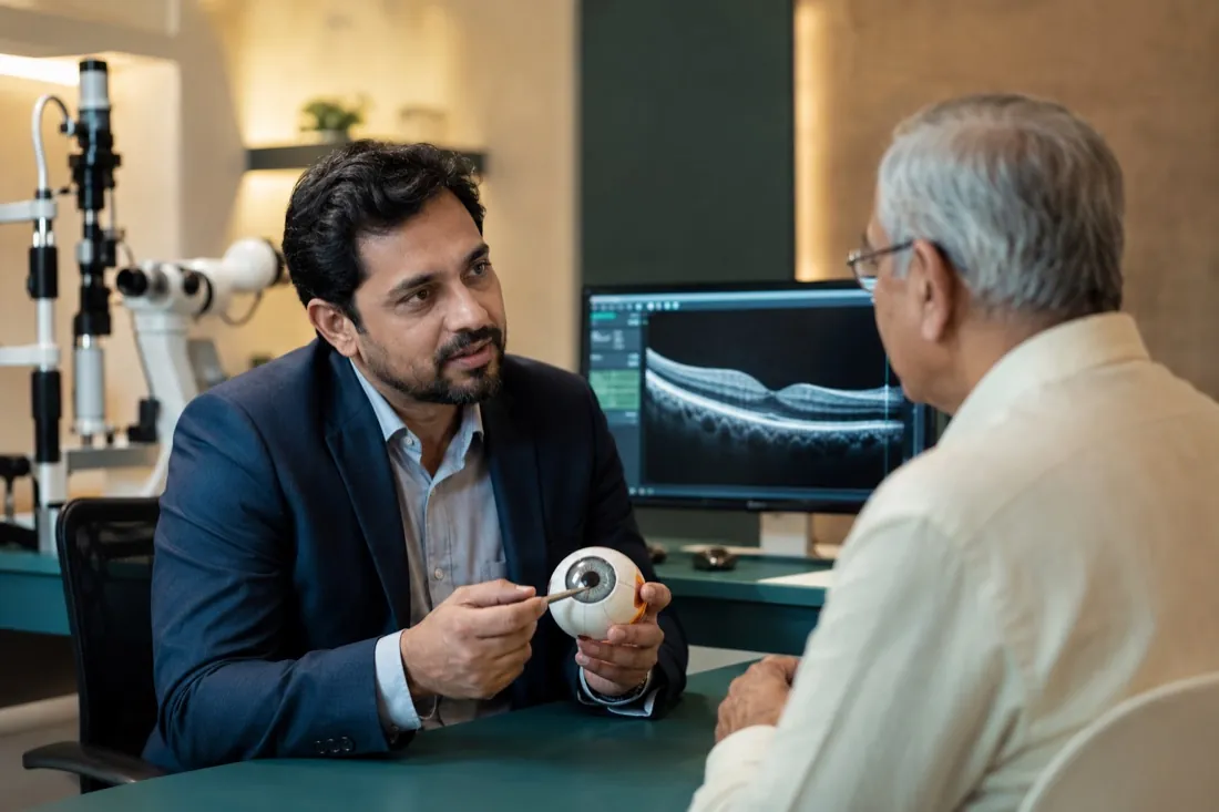 An eye specialist explaining the findings